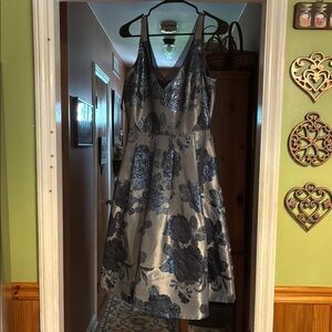 White House Black Market Metallic Gray and Navy Floral Midi Dress
